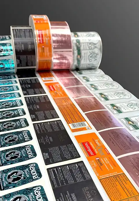 photos of various pressure sensitive labels made of different materials